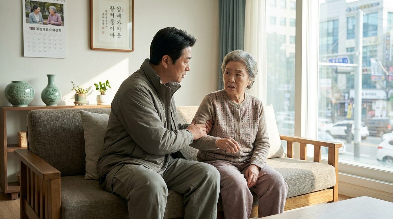 치매 지원금: 치매 진단을 받은 부모님을 부드럽게 보살피는 한국인 자녀의 모습