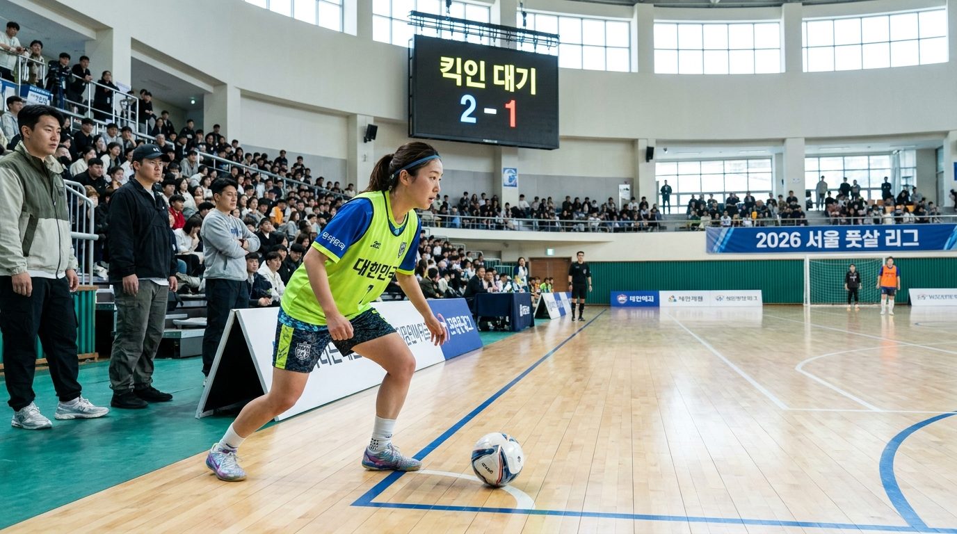 풋살 재개 방법: 여성 풋살 선수가 실내 코트에서 킥인 준비를 하고 있는 생생하고 선명한 실사 이미지
