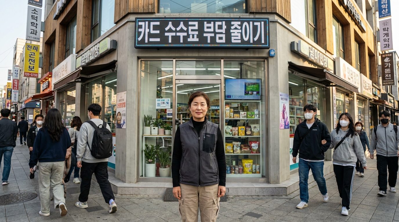 2026년 한국의 소상공인이 자신의 가게 앞에서 환한 미소를 지으며 서 있는 모습. 가게 간판에 (카드 수수료 부담 줄이기)라는 한글 문구가 선명하게 보임.