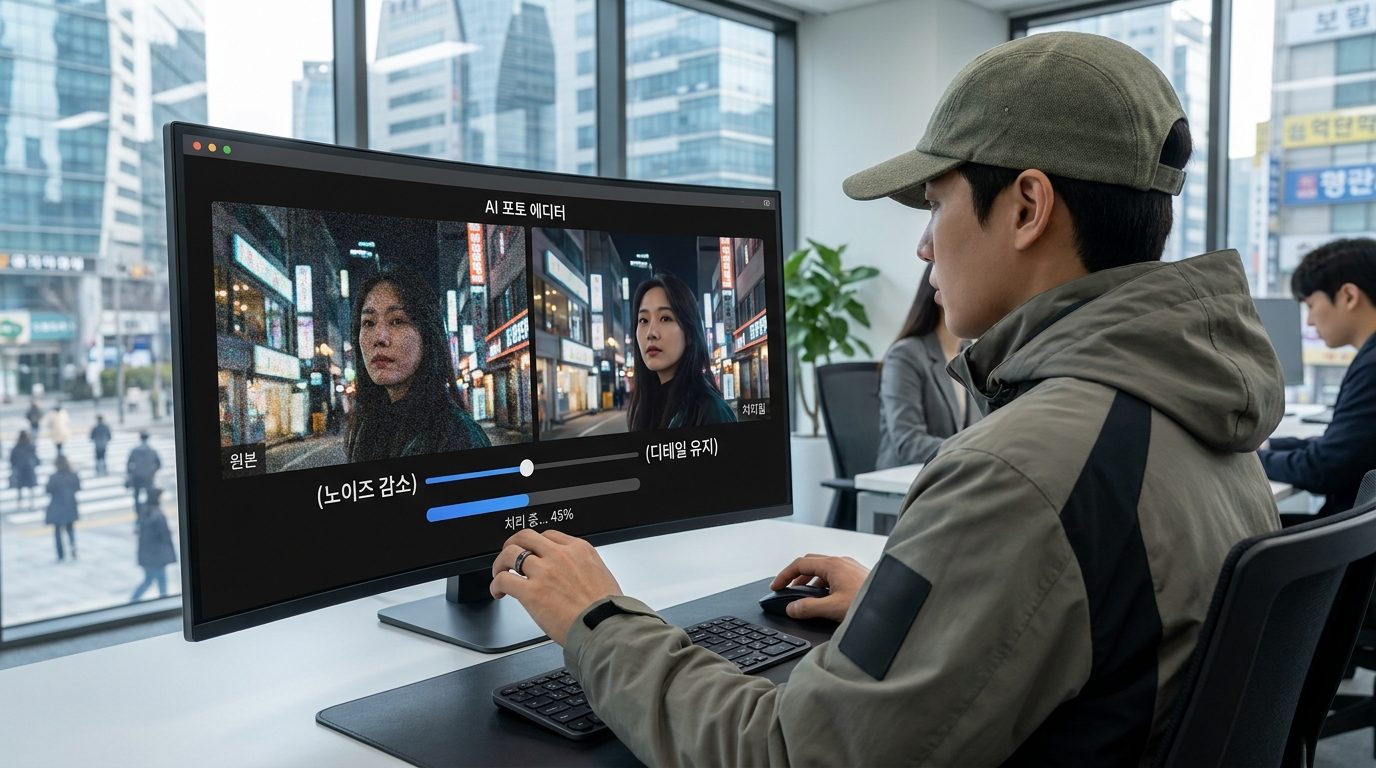 노이즈 감소 기능과 세부 디테일 유지가 화면에 보이는 최신 사진 편집 프로그램 인터페이스
