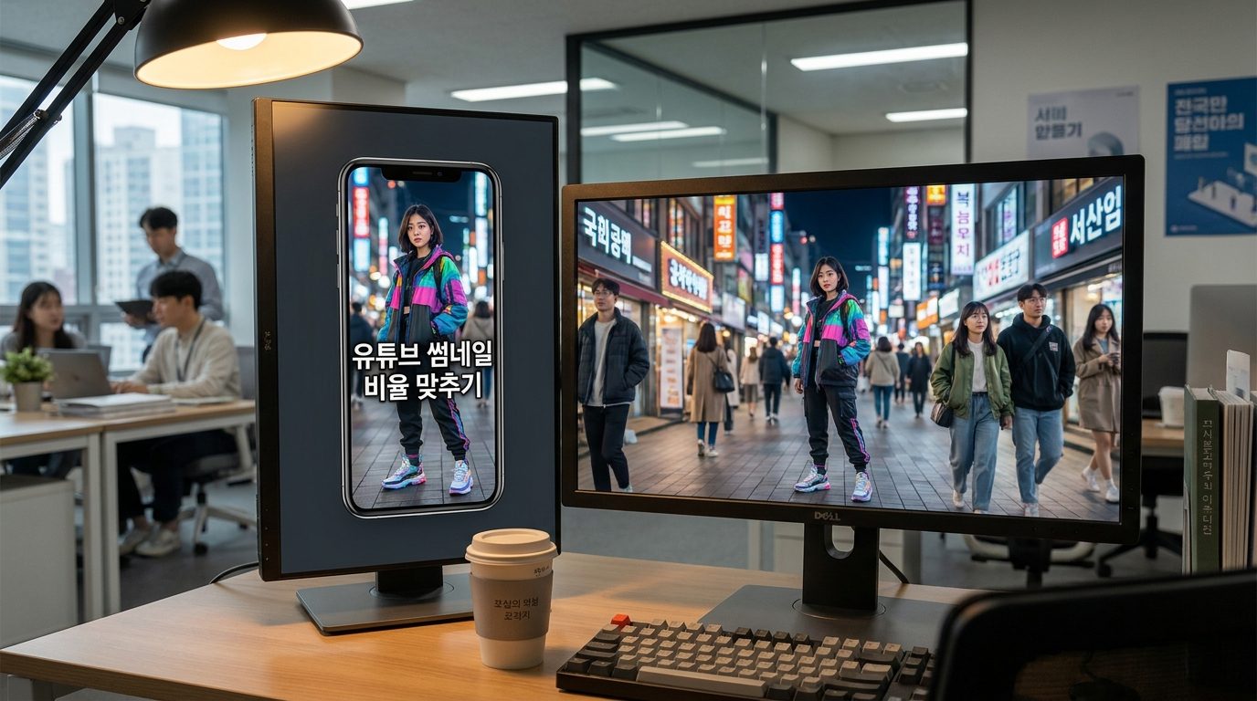 세로 사진을 AI 아웃페인팅으로 자연스럽게 가로로 확장하는 모습이 듀얼 스크린에 보여지는 현대적인 작업 공간