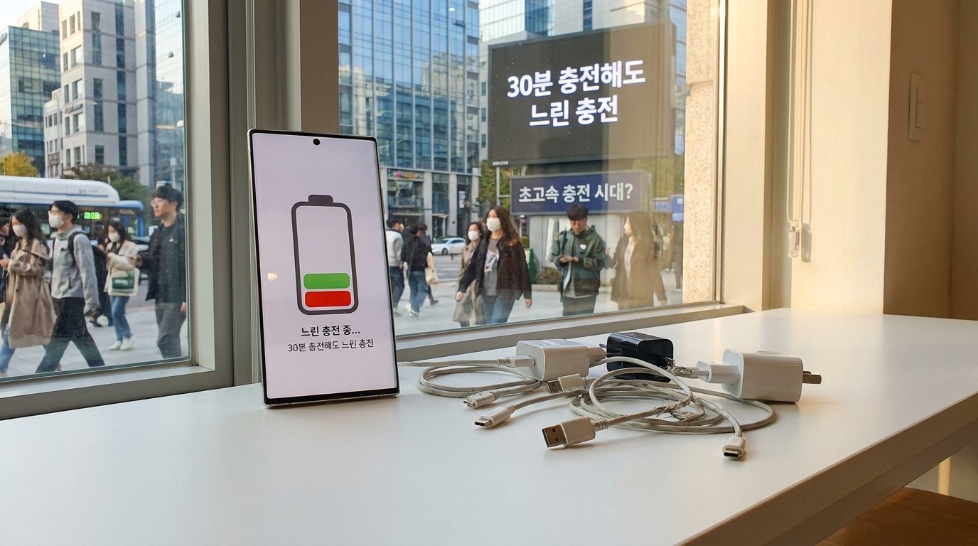 느린 충전을 겪고 있는 스마트폰과 다양한 충전기와 케이블이 놓인 2026년 한국의 현대 도시 배경