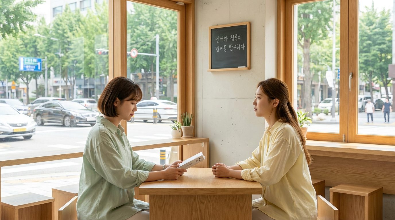 모던 카페에서 언어와 침묵을 주제로 책을 읽는 여성들