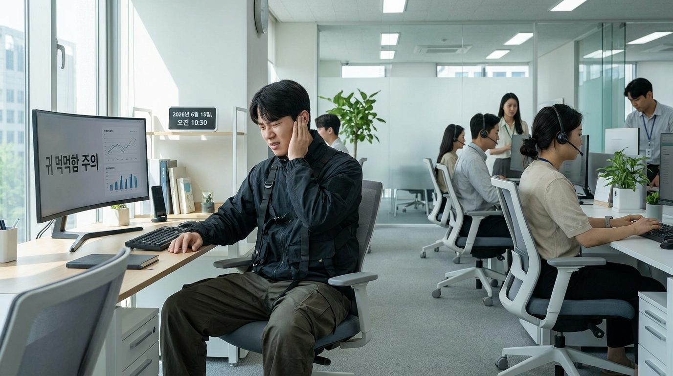 현대 한국 사무실에서 2026년 최신 패션을 입은 젊은 남성이 에어컨 바람으로 귀 먹먹함을 겪으며 불편해하는 모습