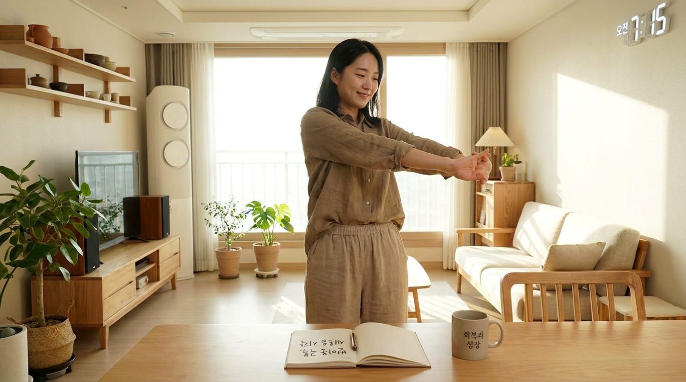 아늑한 아파트에서 아침에 스트레칭하며 번아웃 극복 의지를 보이는 한국인 모습