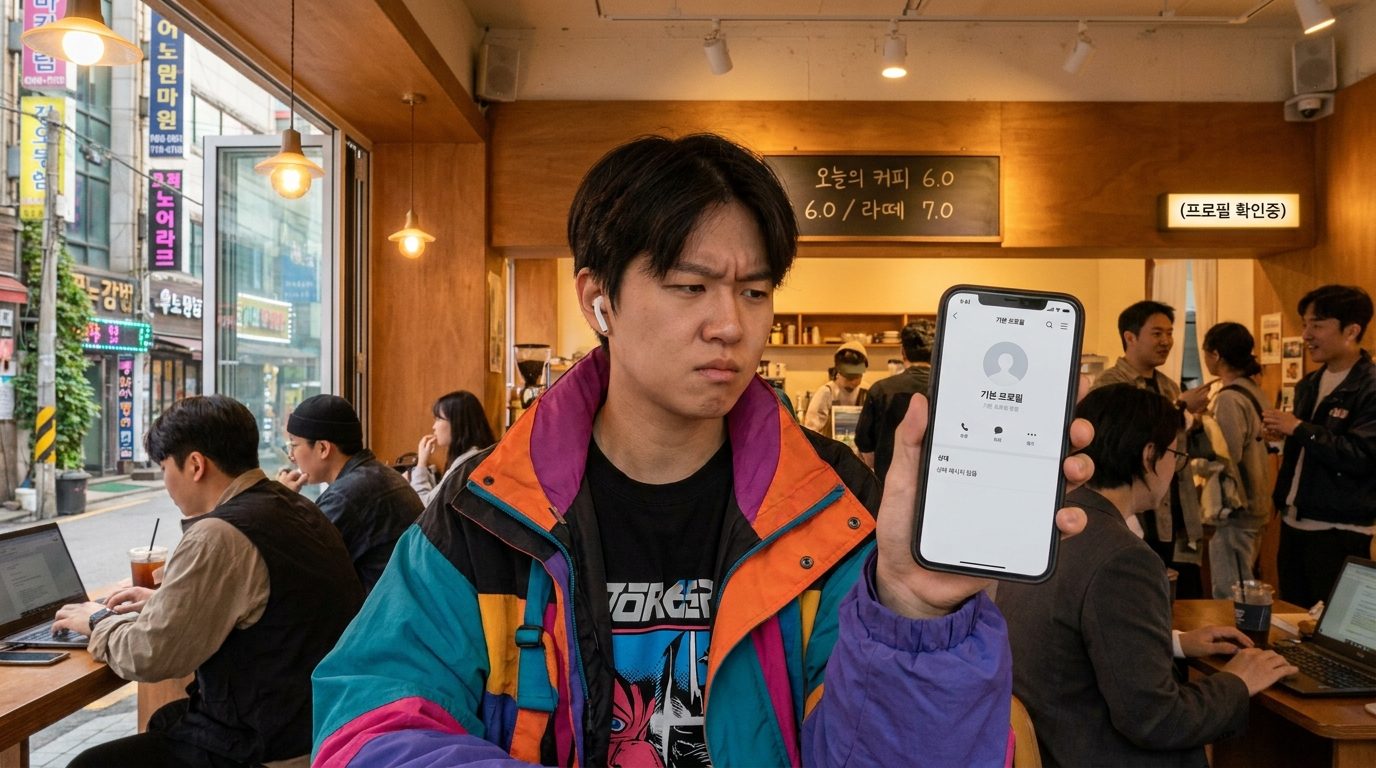 도시 카페에서 카카오톡 프로필을 확인하는 모습, 기본 프로필 사진 및 상태 메시지 변화 없음