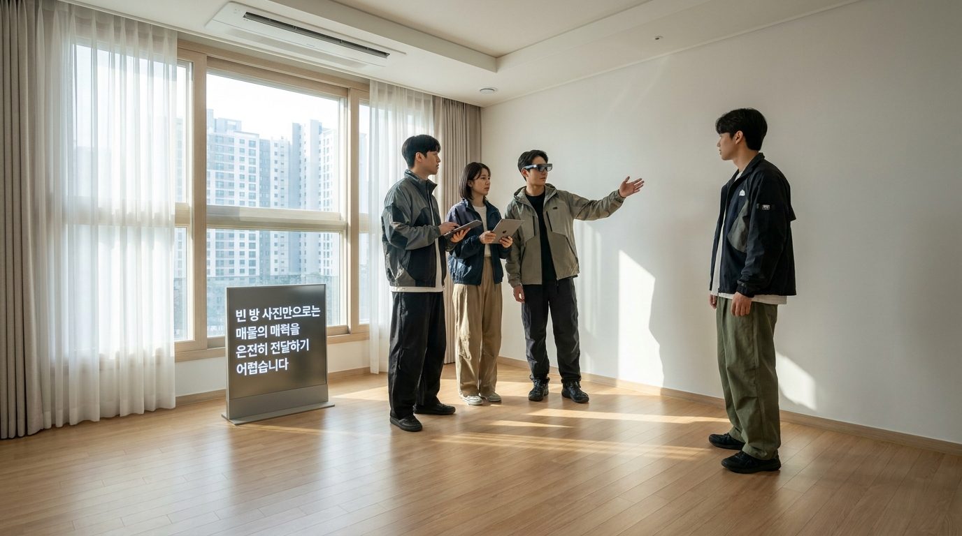 AI 홈스테이징: 빈 방의 자연광과 창문이 있는 고화질 실사 이미지로, 한국의 현대 아파트 빈 방 내부 모습