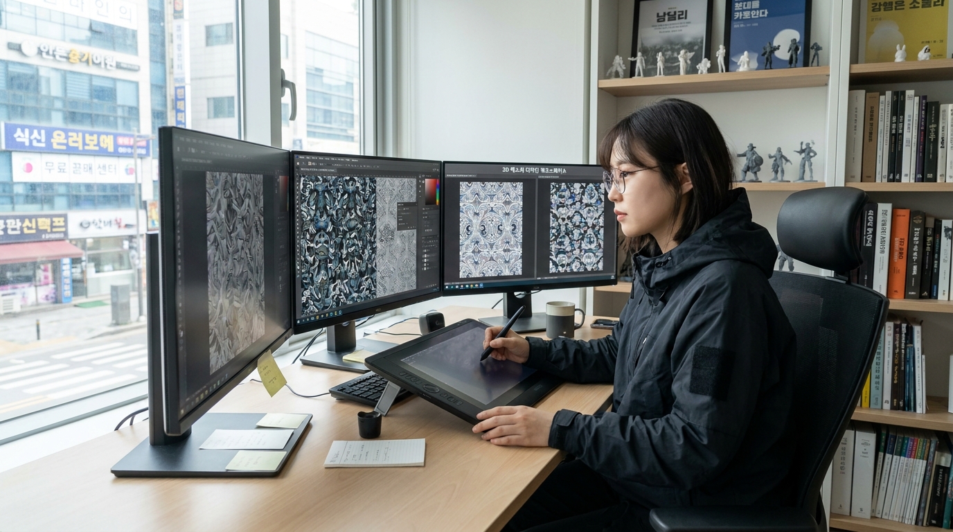 3D 모델링과 텍스처 디자인 작업 중인 현대적인 디지털 작업 공간의 실사 이미지