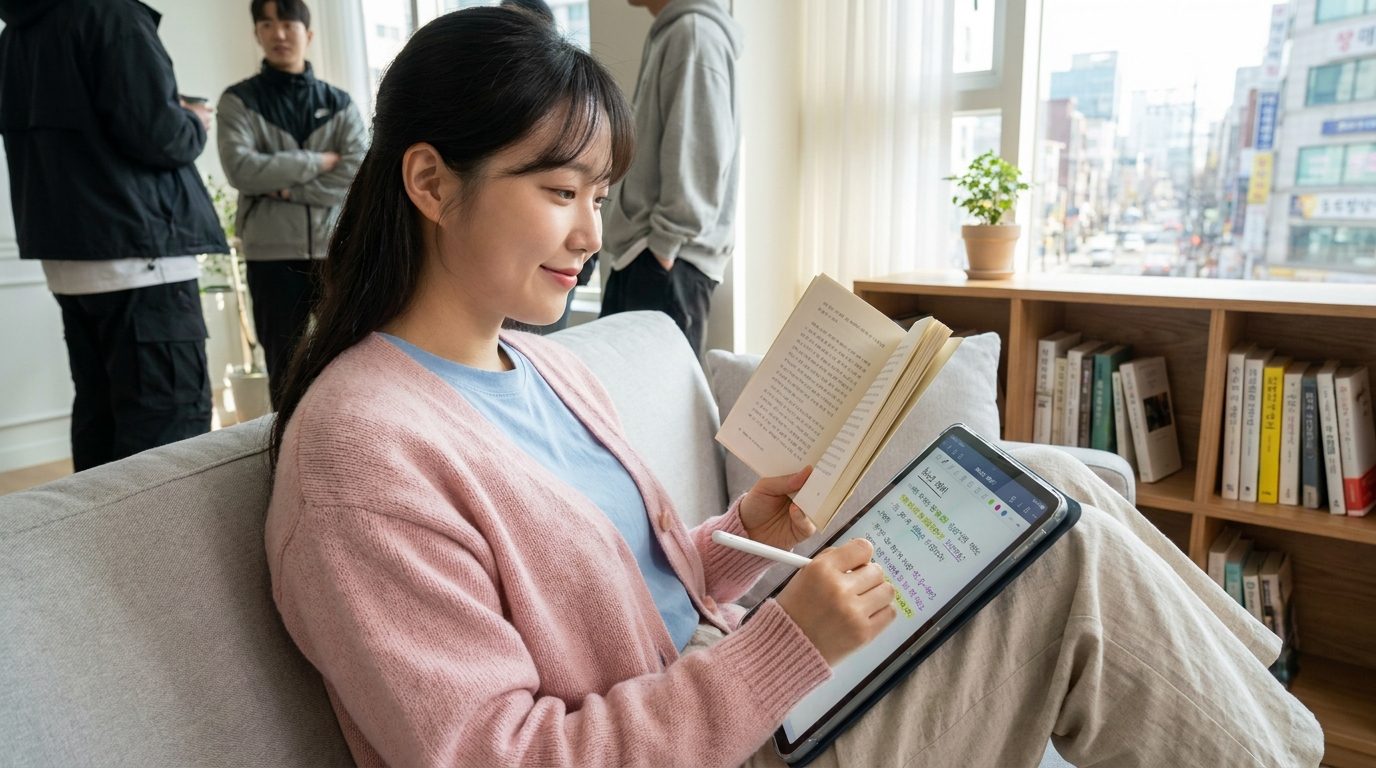 굿노트 속지 활용법: 밝고 현대적인 거실에서 책을 읽으며 아이패드에 손글씨로 독서노트를 작성하는 한국인 여성의 모습