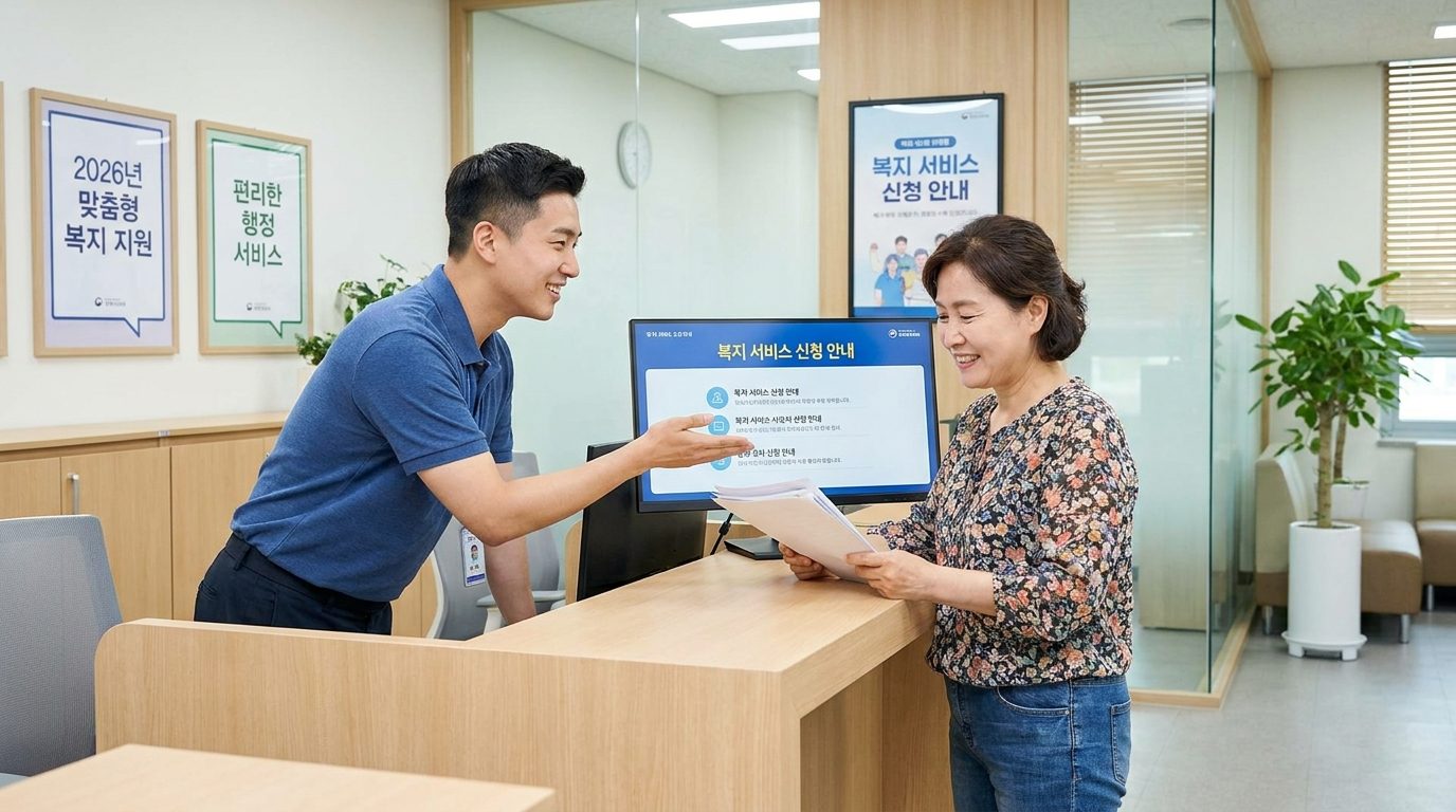 현대 대한민국 공무원이 노인복지 관련 서류를 설명하며 도움을 주는 모습 대표이미지, 서브이미지 구분 없이 4장 모두 제공하여 블로그 각 섹션 내용을 보완하는 이미지 프롬프트