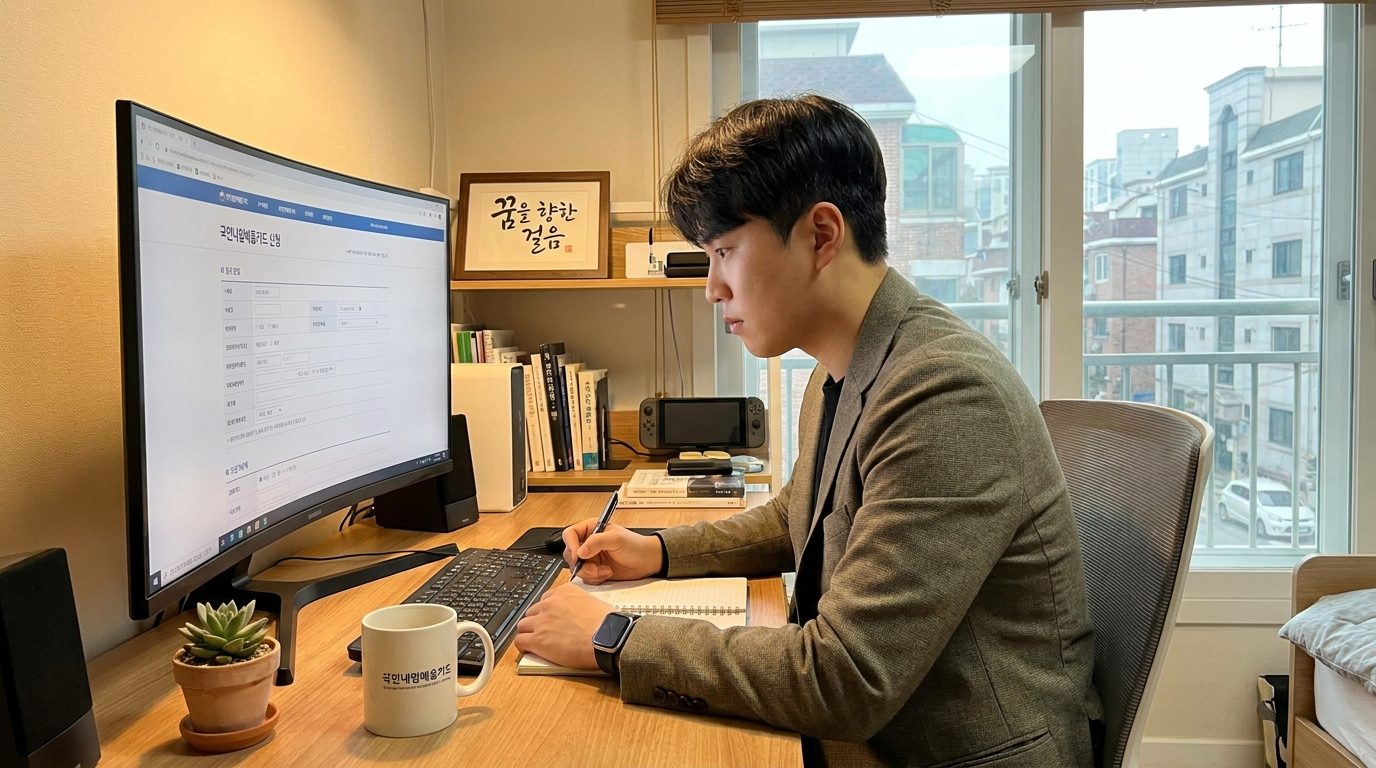한국 홈오피스에서 국민내일배움카드 신청 페이지를 보며 자격증 준비를 하는 2026년형 한국 젊은이