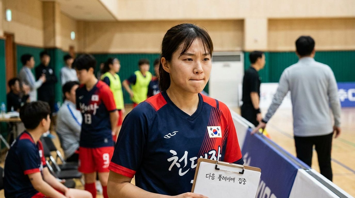 실수 후 집중하며 생각하는 여성 선수의 클로즈업