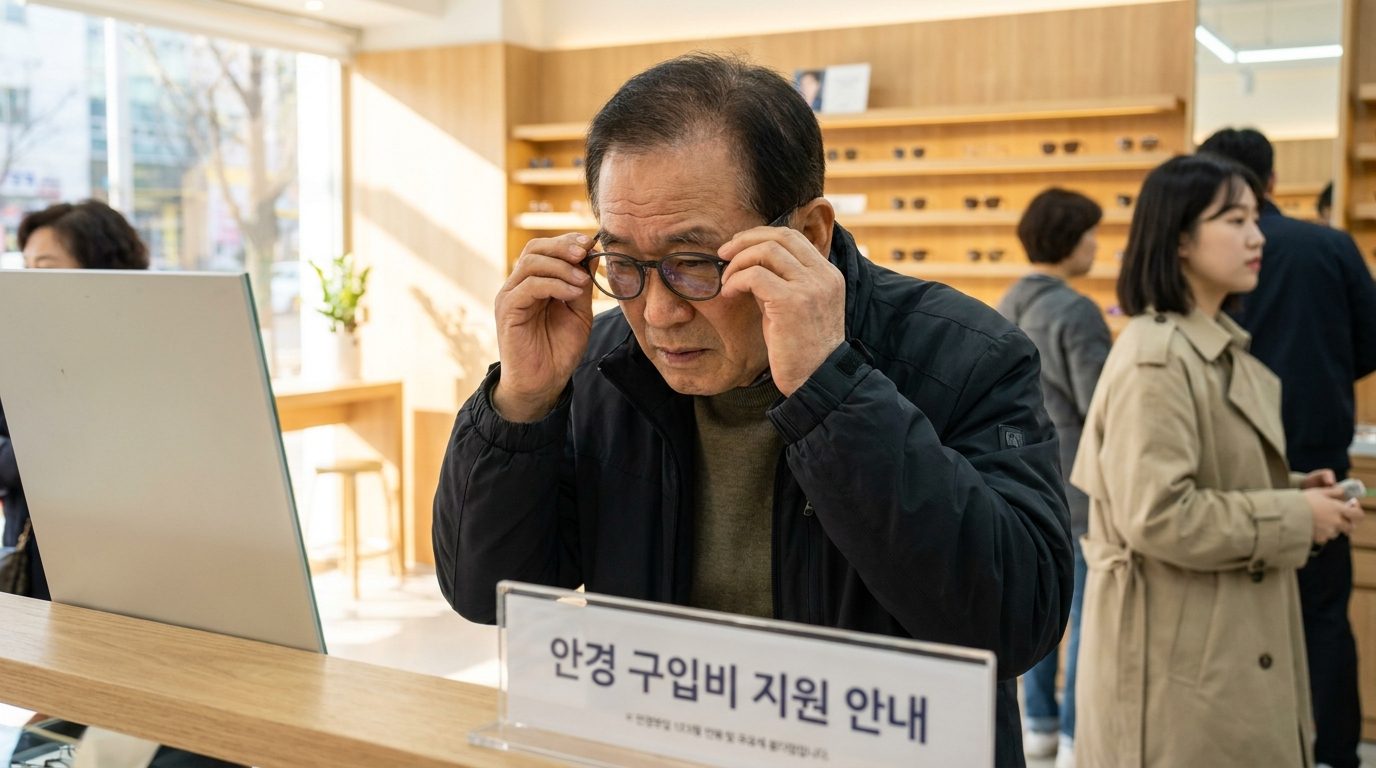 노인 안경 지원: 안경을 맞추려는 어르신이 밝고 정돈된 안경점에서 안경을 착용해 보고 있는 모습, 배경에 안경 구입비 지원 안내 문구가 보임