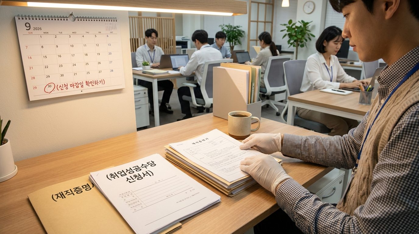 한국 사무실에서 취업성공수당 관련 서류를 정리하며 신청 마감일을 확인하는 직장인의 모습.