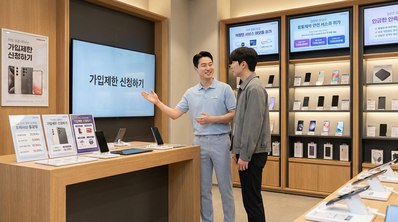 휴대폰 매장에서 가입제한 서비스를 설명하는 직원과 고객의 2026년 한국 현대 복장 모습
