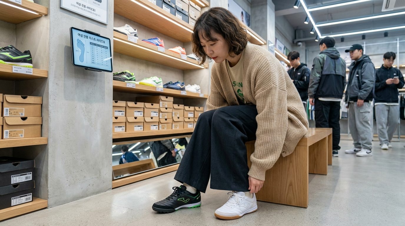 현대적인 한국 스포츠 매장에서 여성 풋살화 사이즈와 유형을 고르는 여성 모습