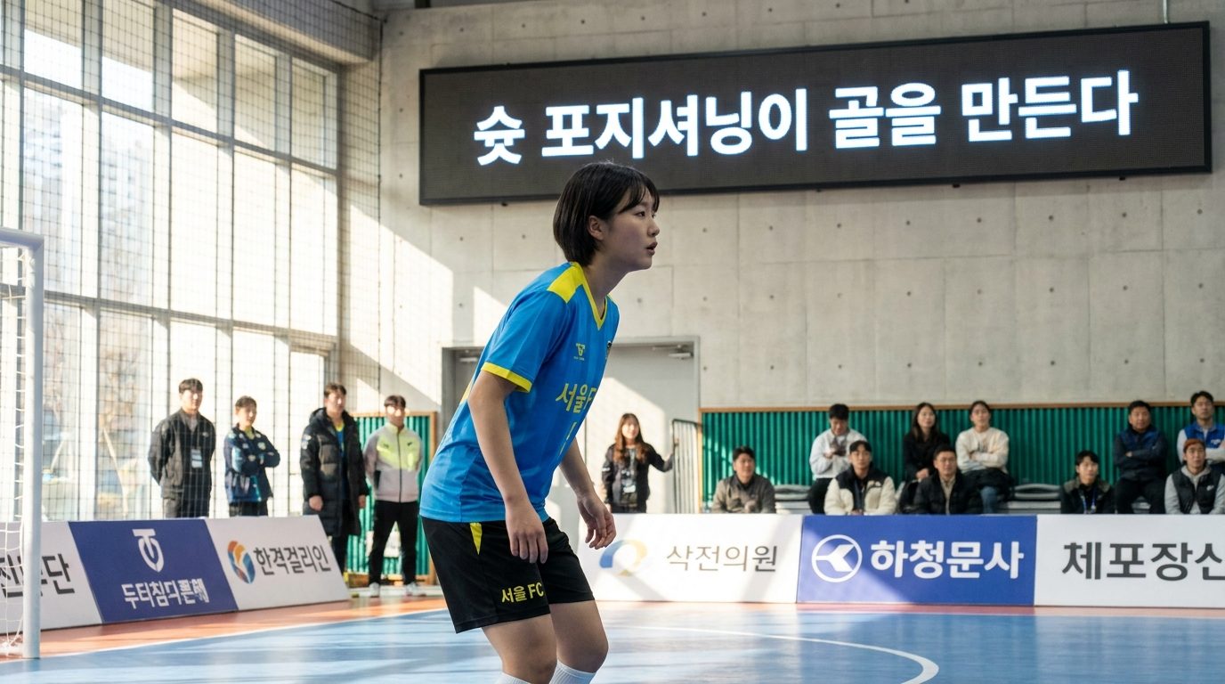 풋살 위치선정: 풋살 경기장에서 골을 위한 위치 선정에 집중하는 젊은 한국 여성 선수의 모습