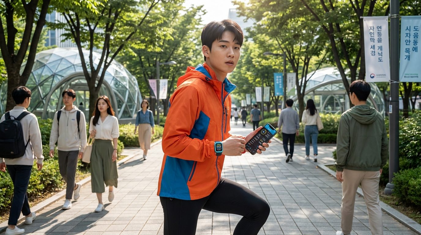 현대 도시 공원에서 스마트워치와 스마트폰의 러닝 기록 앱을 보며 달리기를 시작하는 한국인 러너의 모습
