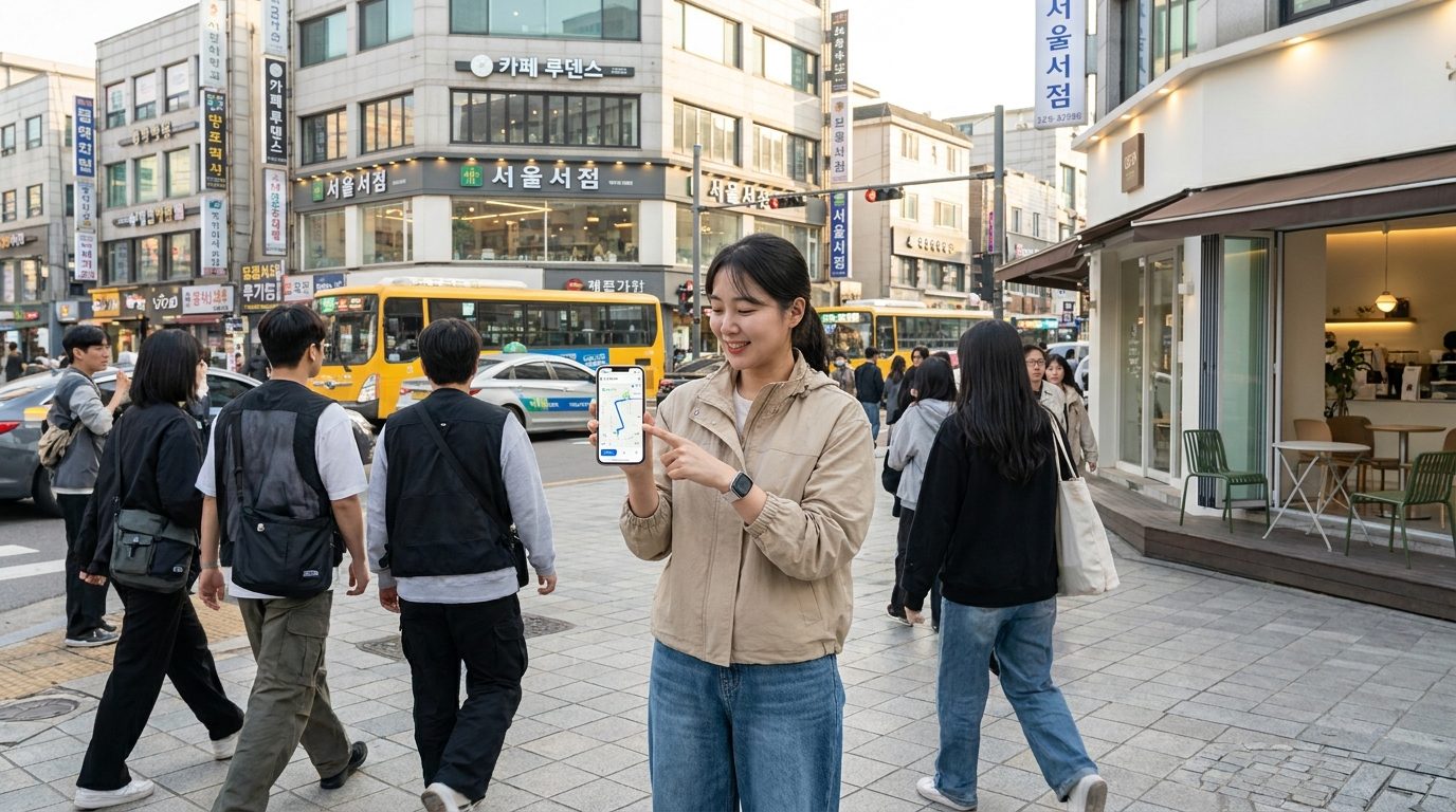 서울 거리에서 스마트폰으로 도보 길찾기를 하는 30대 한국 여성의 모습