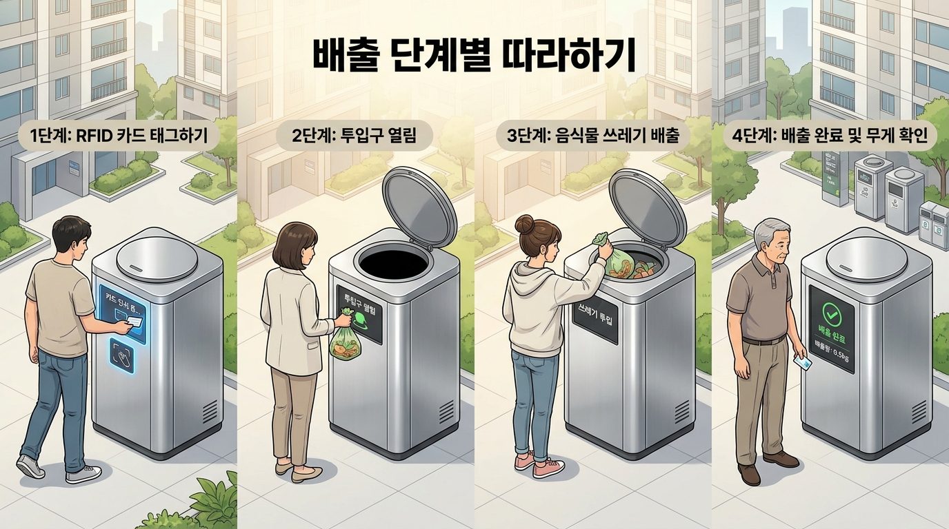 RFID 음식물 쓰레기 배출 절차를 단계별로 보여주는 한국 아파트 단지 인포그래픽 이미지
