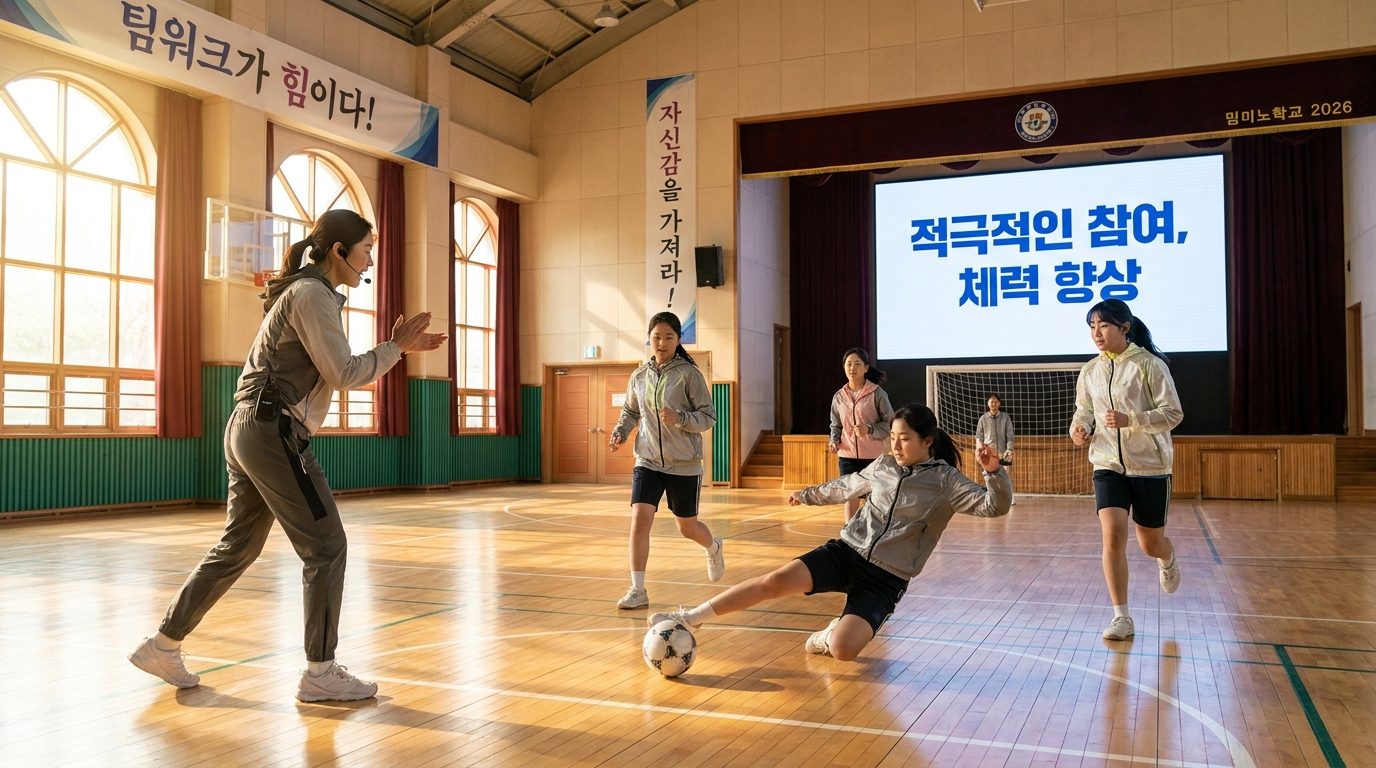 체육 교사가 여학생들에게 열정적으로 풋살을 지도하는 모습