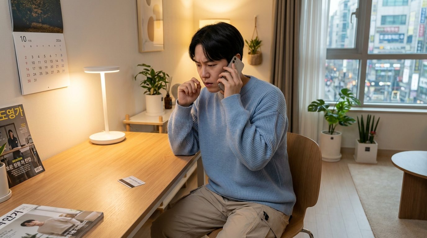 고객센터에 전화해 해외결제 차단을 요청하는 한국인의 모습
