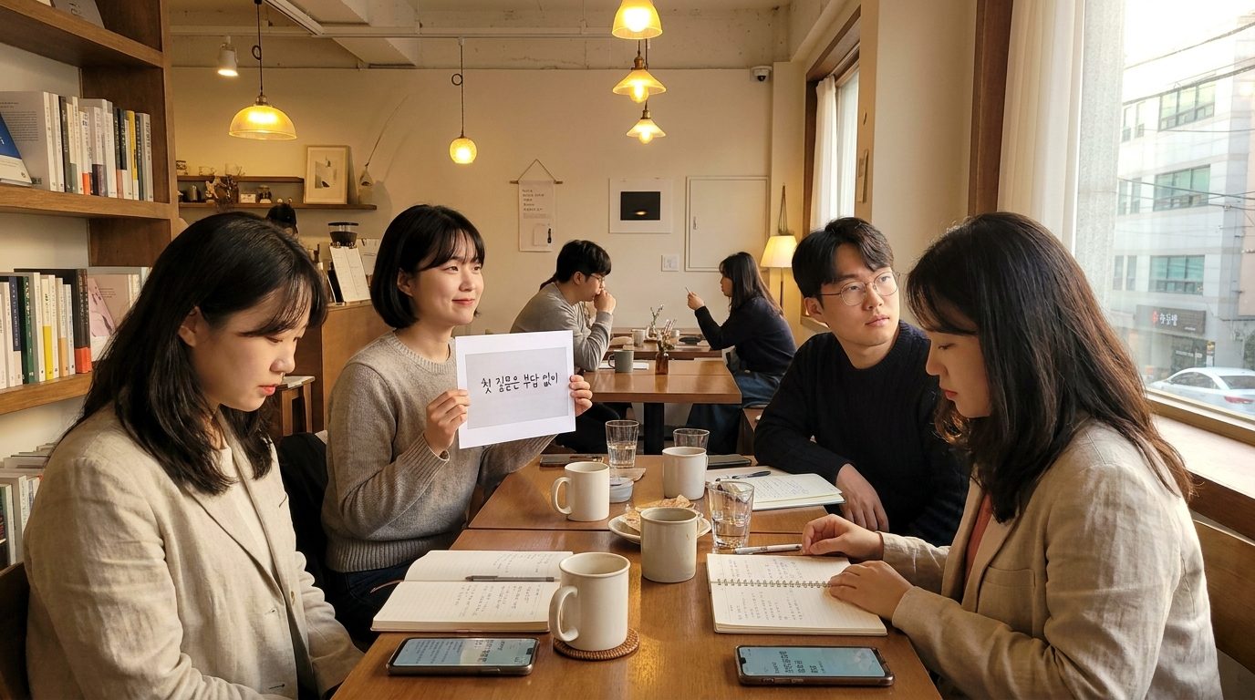 내향적인 참여자들이 편안하게 독서 모임에서 첫 질문을 바라보며 조용히 생각하는 따뜻한 카페 분위기 사진