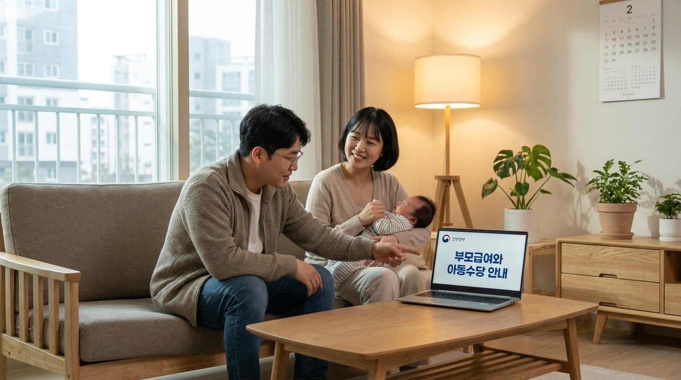 부모급여 아동수당 중복 지급: 아기를 안고 정부지원 안내를 받는 현대 한국 가족
