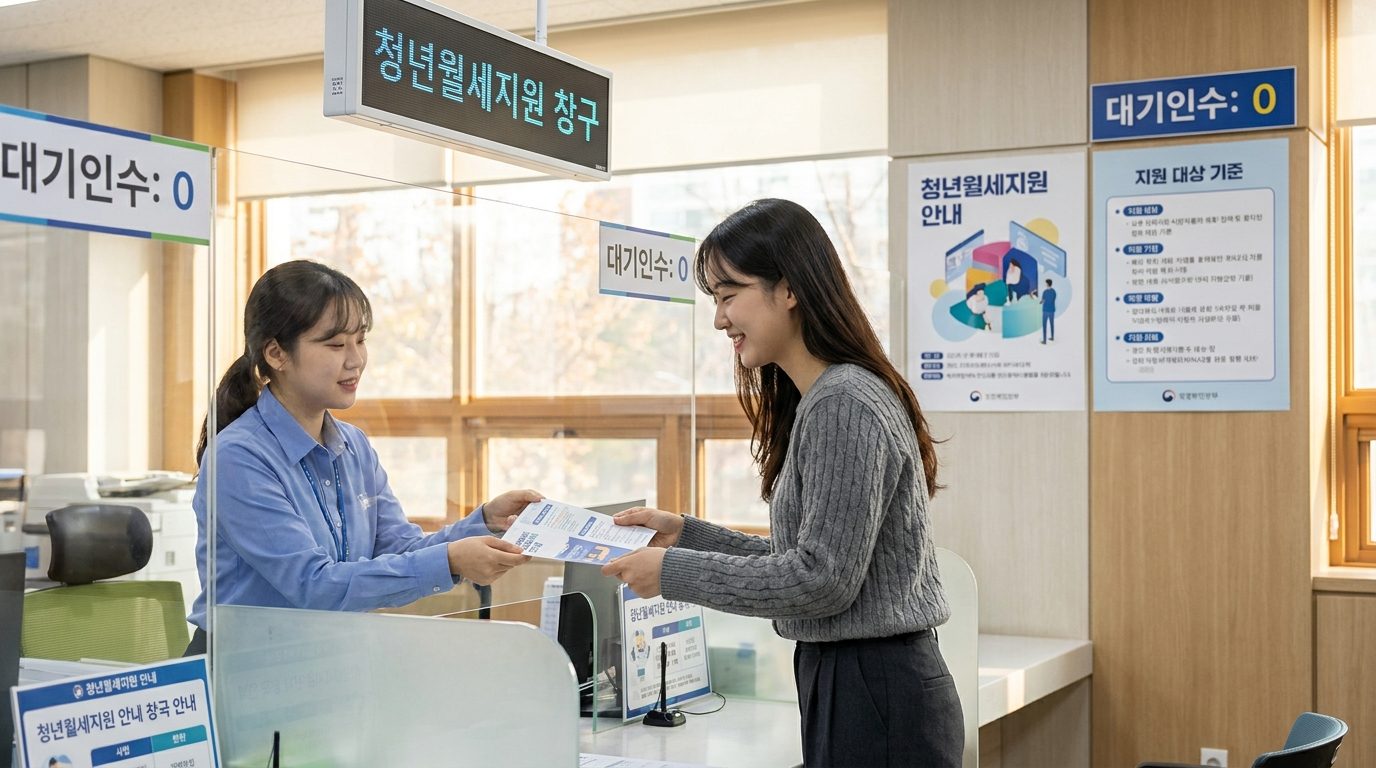 청년월세지원 안내를 받는 한국 청년과 직원의 실사 이미지
