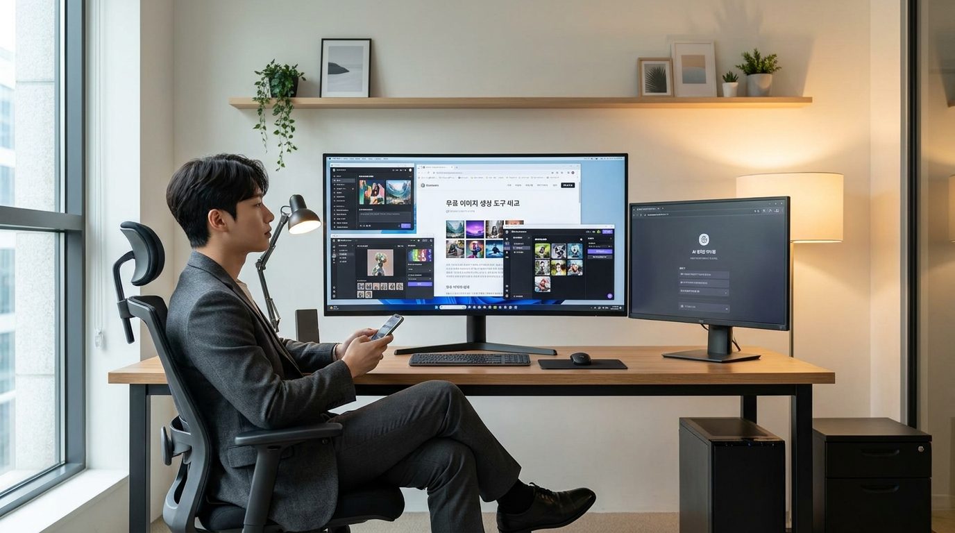 여러 AI 이미지 생성 도구를 비교하는 화면이 컴퓨터 데스크톱에 보이고 스마트폰을 들고 고민하는 한국인 전문가, 세련된 사무실 환경, 2026년 대한민국 배경