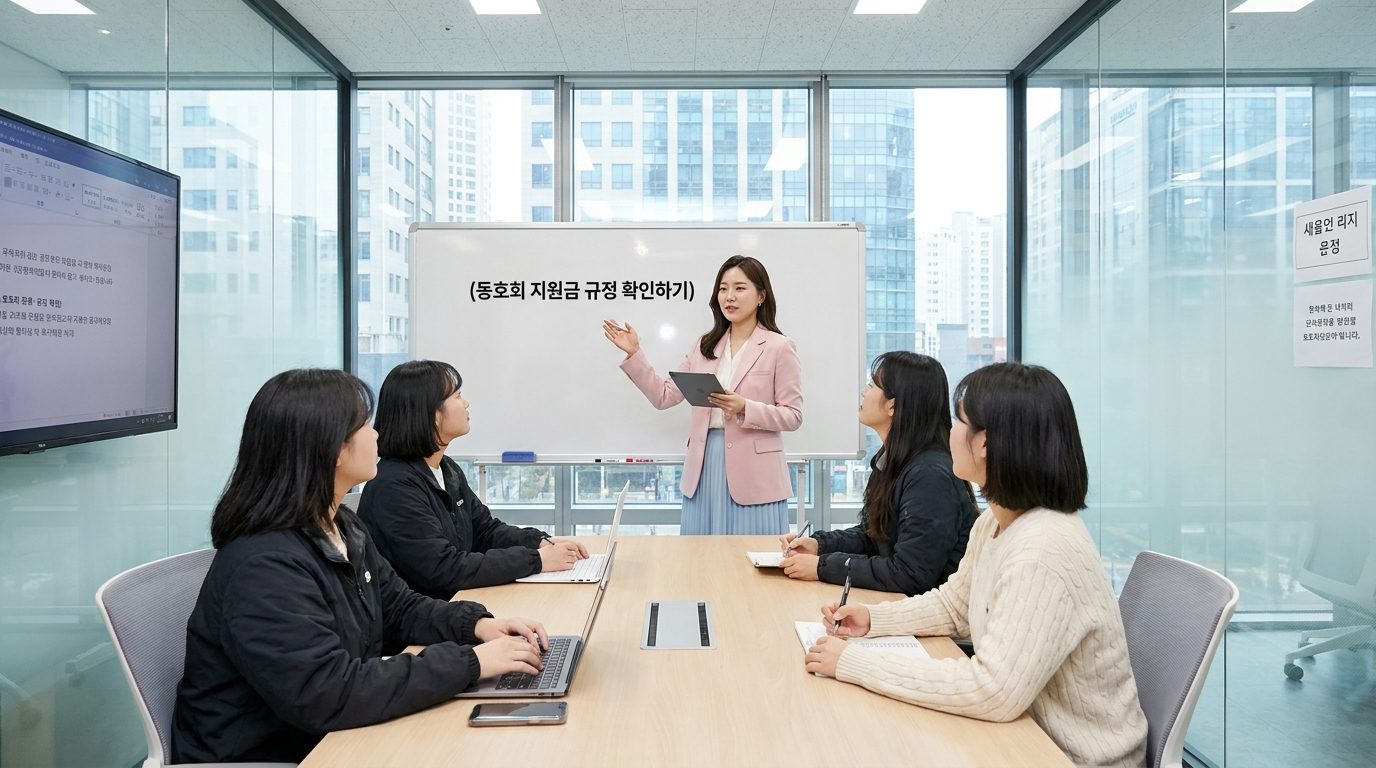 현대적인 한국 사무실 회의실에서 파스텔 색 옷을 입은 여성이 동료들에게 동호회 지원금 규정 문서를 설명하는 모습