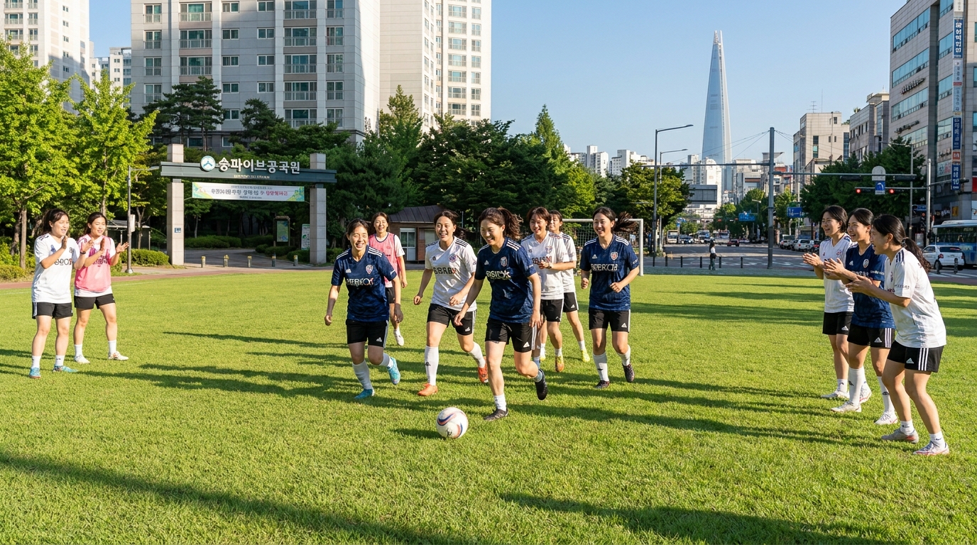 송파구에서 여성들이 활기차게 축구를 하는 모습의 사진