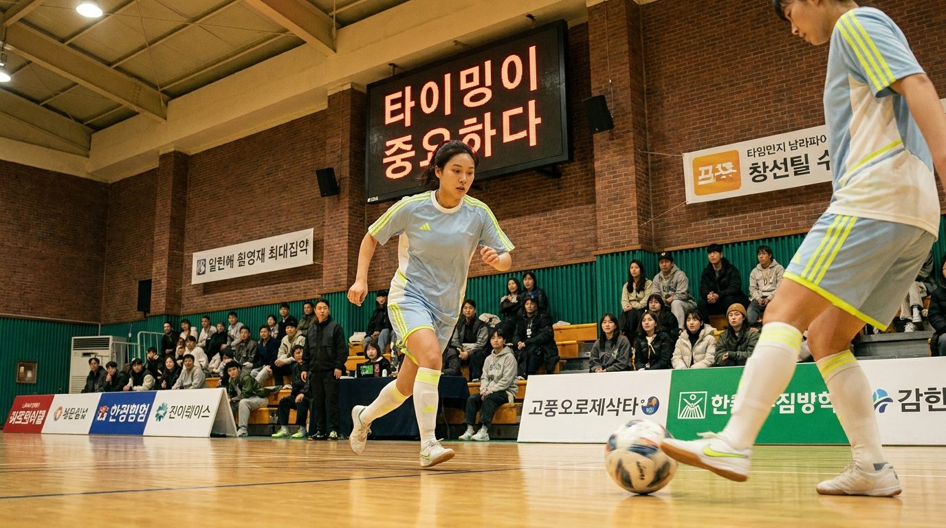 패스 타이밍에 맞춰 움직임을 조절하는 한국 여성 풋살 선수