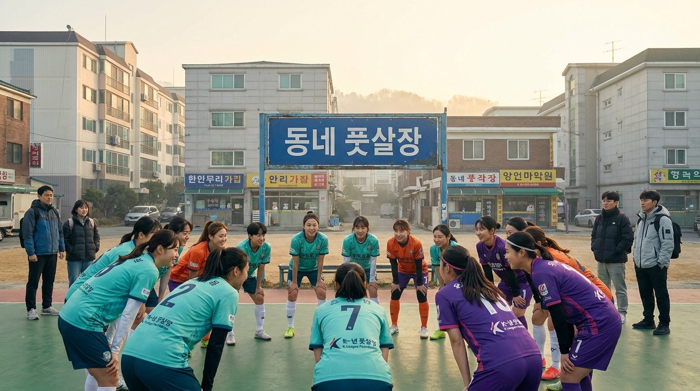 풋살 마케팅 트렌드: 대한민국 동네 풋살장에서 유니폼을 입고 준비운동하는 여자 아마추어 풋살팀 선수들 모습