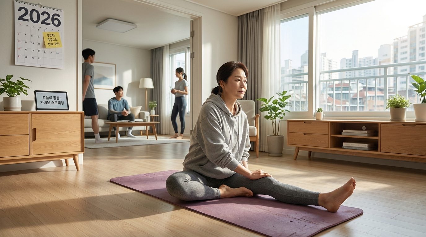 당뇨병 관리를 위한 안전하고 꾸준한 실내 운동을 하는 한국 여성 모습