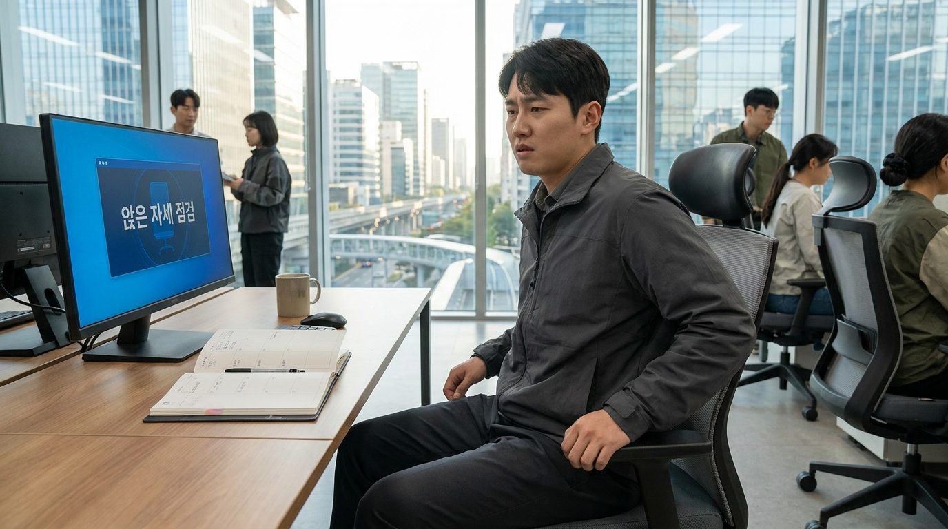 현대적인 한국 사무실에서 꼬리뼈 통증을 느끼는 직장인의 옆모습