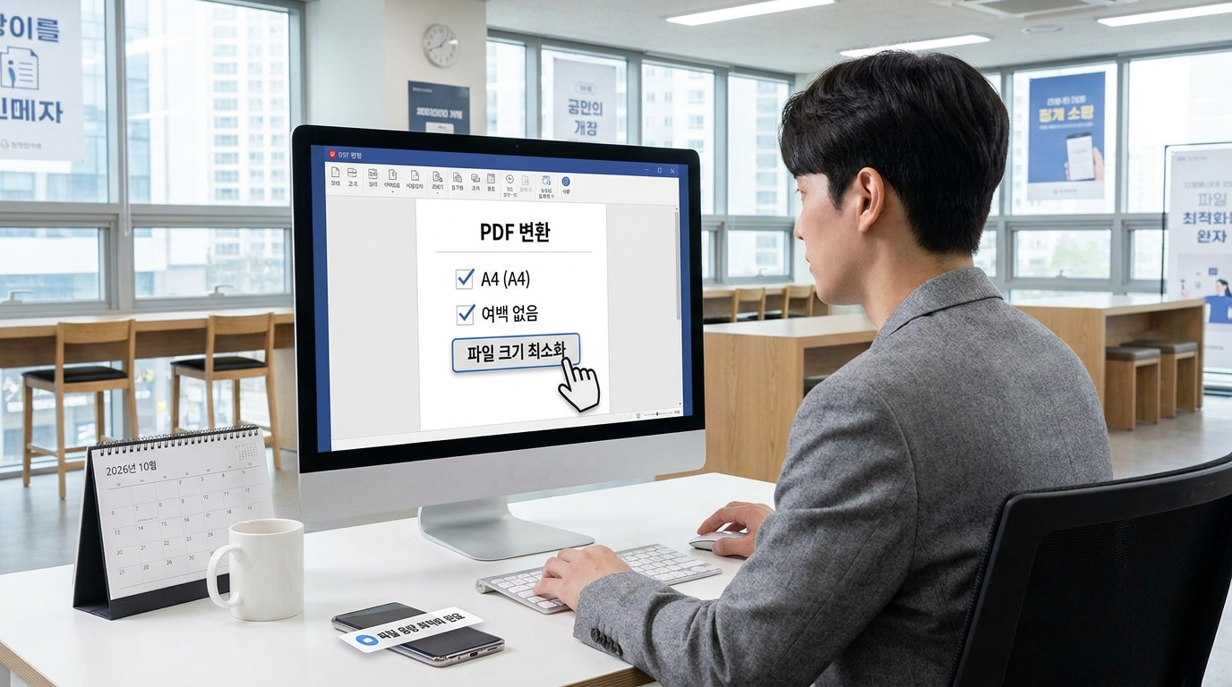 한국어 PDF 압축 소프트웨어 화면과 사용자가 압축 옵션을 클릭하는 모습 현대적인 사무실 환경에서