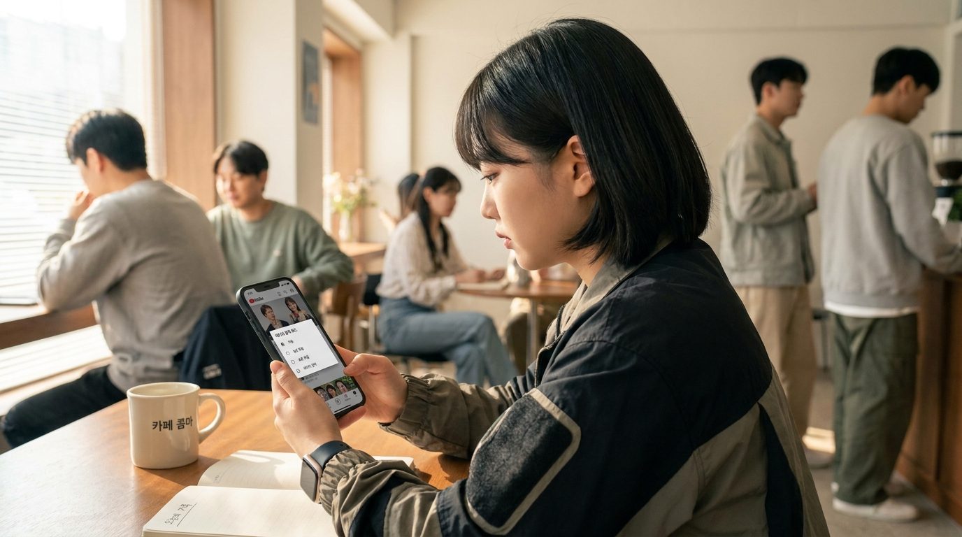 유튜브 데이터 절약: 유튜브 앱에서 데이터 절약 화질 설정 옵션을 보는 한국인 여성의 스마트폰 클로즈업 화면