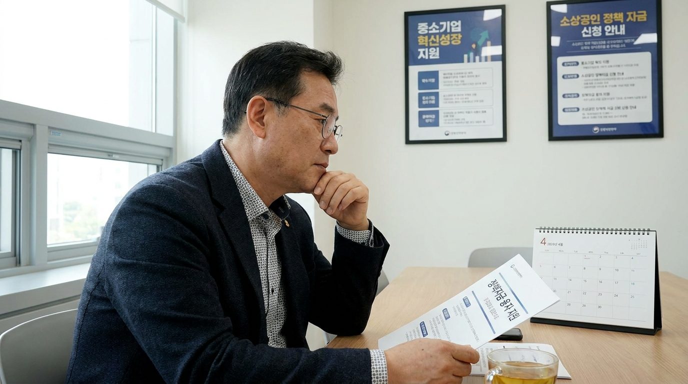 정책자금 융자 지원 문서를 들여다보는 중년 한국 1인 사업자 모습