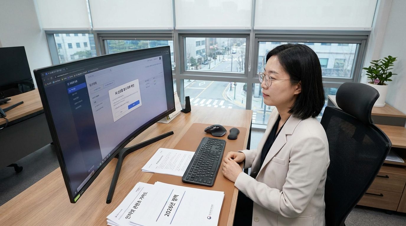 한국 블로그 관리자가 AI 생성물 표시 의무를 확인하는 사무실 장면