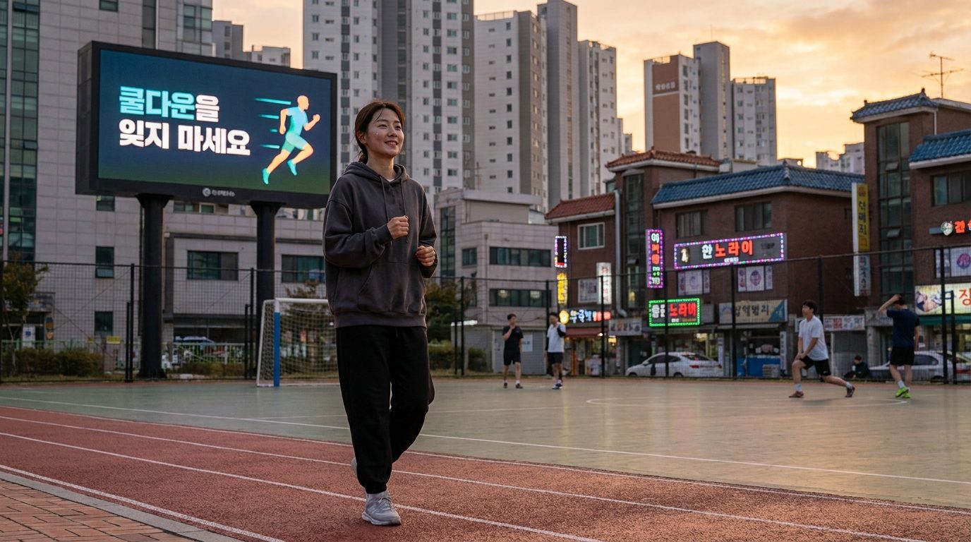 경기 후 쿨다운 조깅으로 회복 중인 한국 여성 풋살 선수의 모습