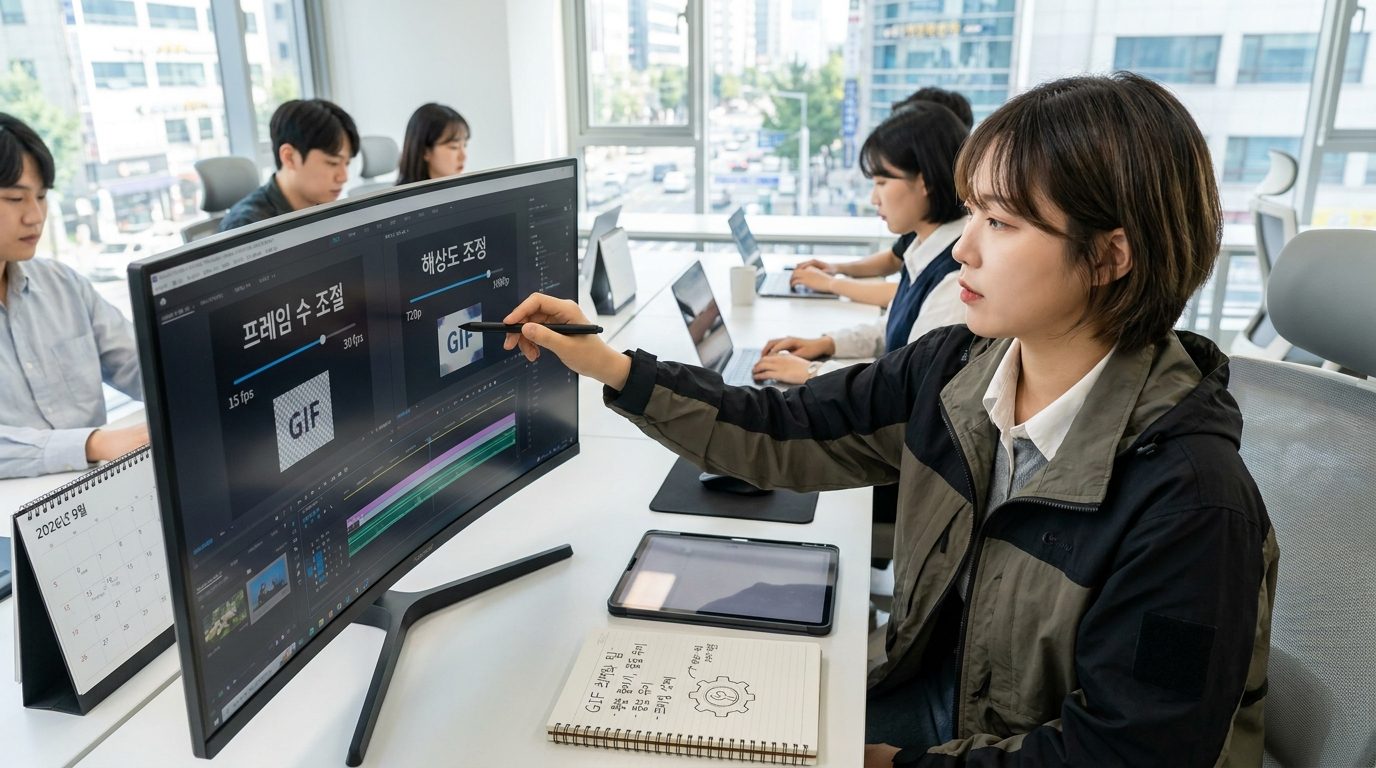 최적화된 GIF 생성을 위해 컴퓨터 화면에서 프레임 수와 해상도를 조절하는 모습