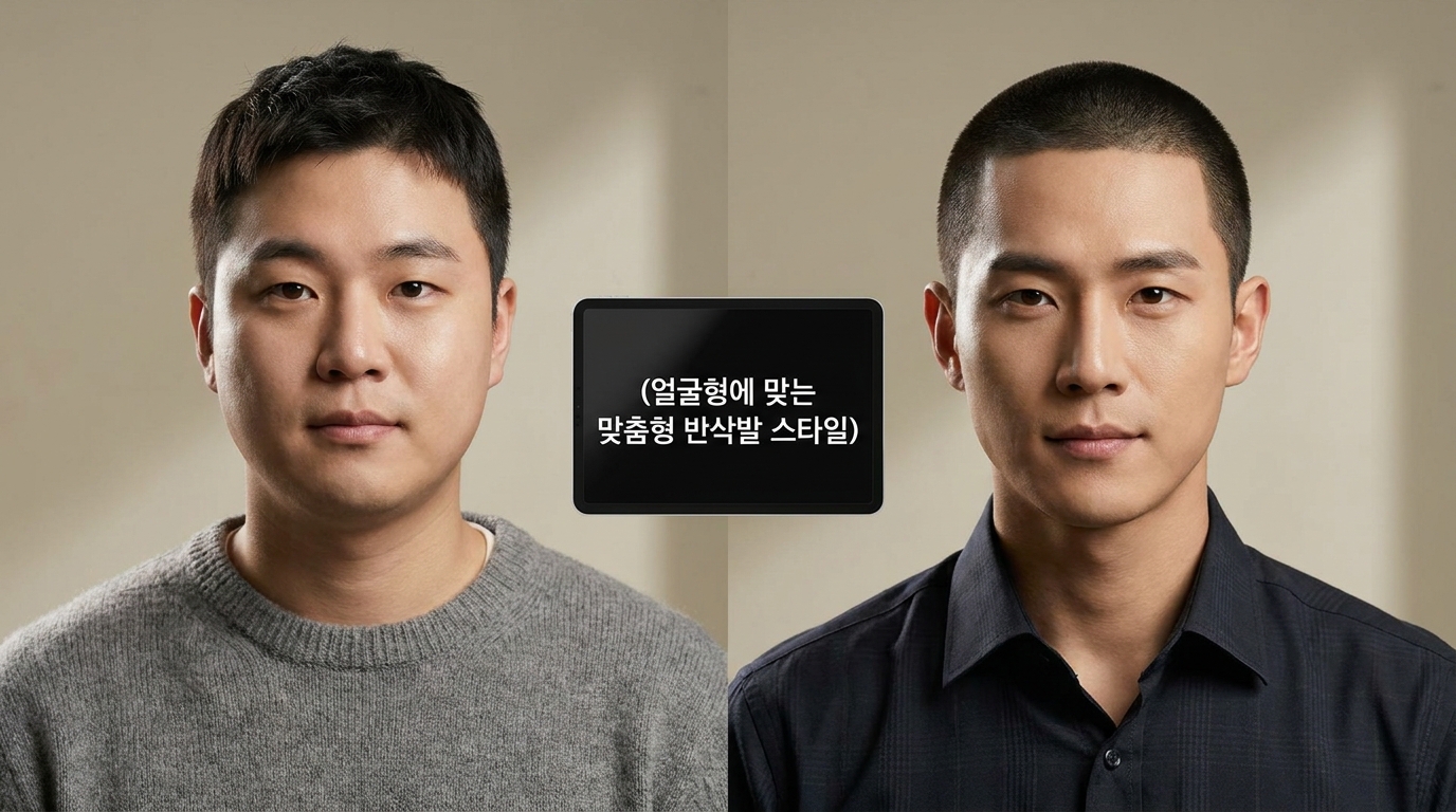 얼굴형에 맞게 조절된 두 가지 반삭발 스타일을 나란히 비교한 한국 남성의 초상화