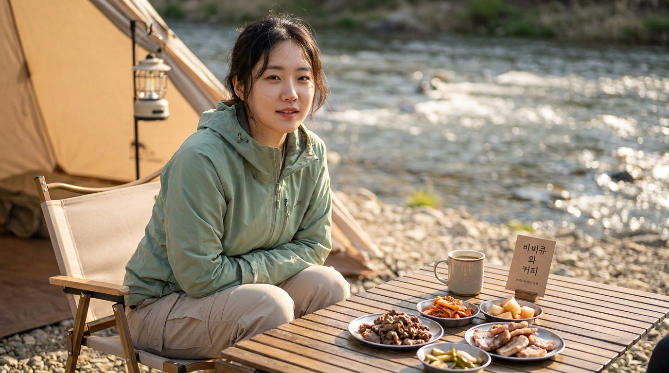 강가 캠핑장에서 캠핑용 롤테이블 위 한국식 바비큐와 커피를 즐기는 한국인 여성 클로즈업