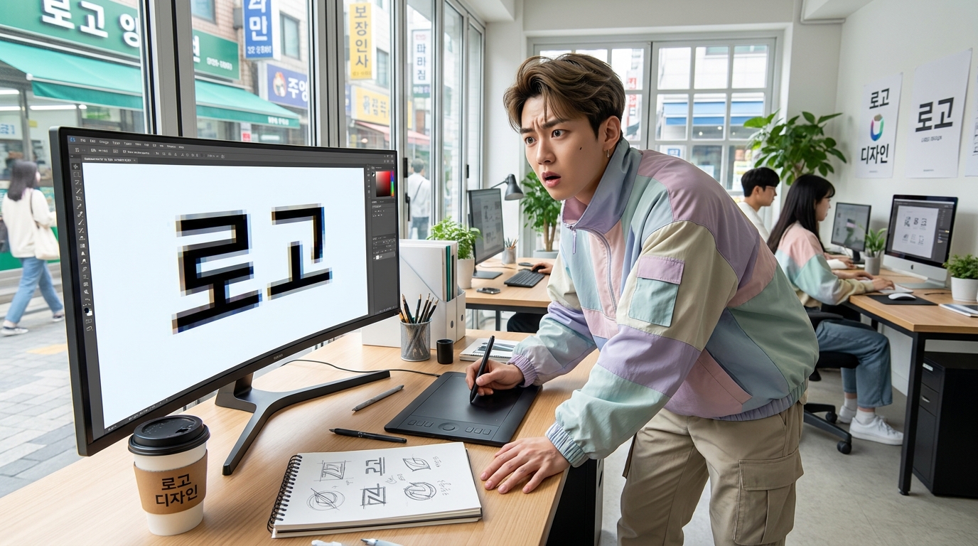 픽셀화되어 확대된 로고를 보고 당황하는 현대 한국 디자이너의 책상과 작업 환경