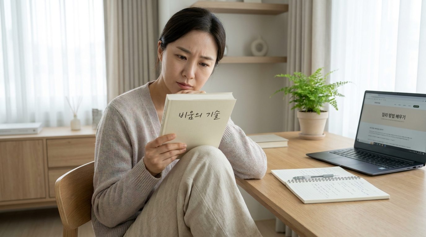 밝은 자연광 아래서 책상에 앉아 비움의 기술 책을 집중해서 읽는 한국 여성의 모습, 노트와 식물이 주변에 있다.