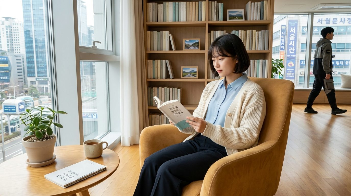 따뜻한 자연광이 비치는 현대적인 한국 아파트 안 아늑한 독서 공간에서 책을 읽고 있는 밝은 색옷을 입은 젊은 한국 여성