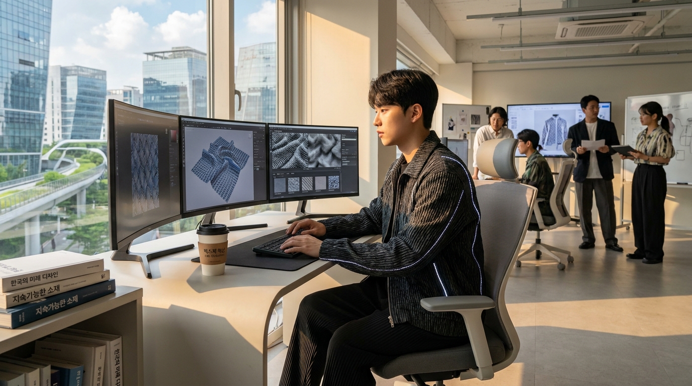 3D 텍스처 디자인 작업을 하는 현대적인 한국 디자이너의 스튜디오 작업 공간 모습
