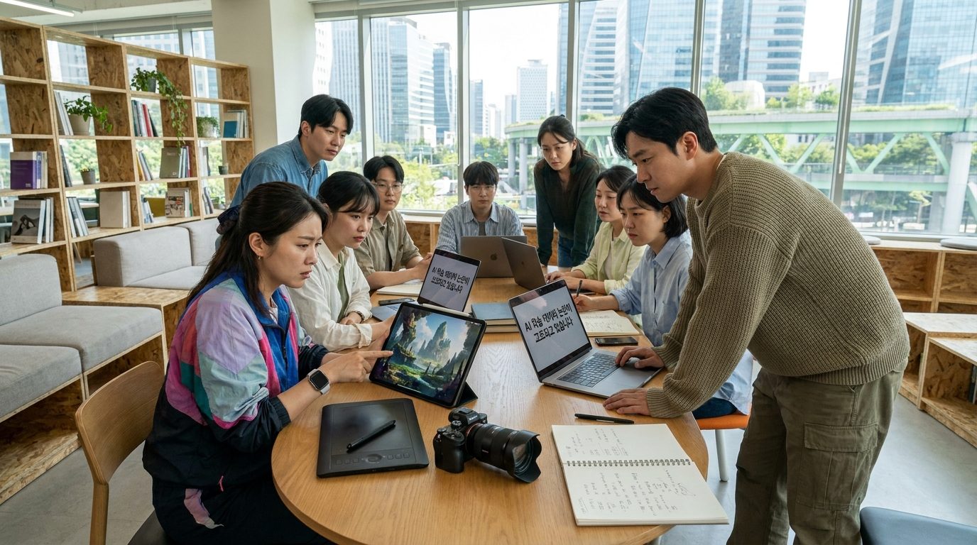 다양한 한국 창작자들이 모여 AI 생성 이미지와 텍스트를 보며 우려와 결의를 표현하는 현대적 작업 공간 모습
