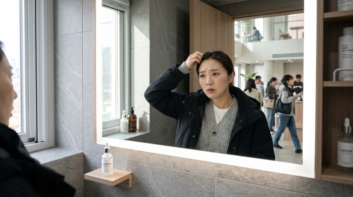 눈썹탈모 원인, 거울을 보며 눈썹과 속눈썹 숱이 줄어든 것을 걱정하는 한국인 여성의 고화질 실사 사진